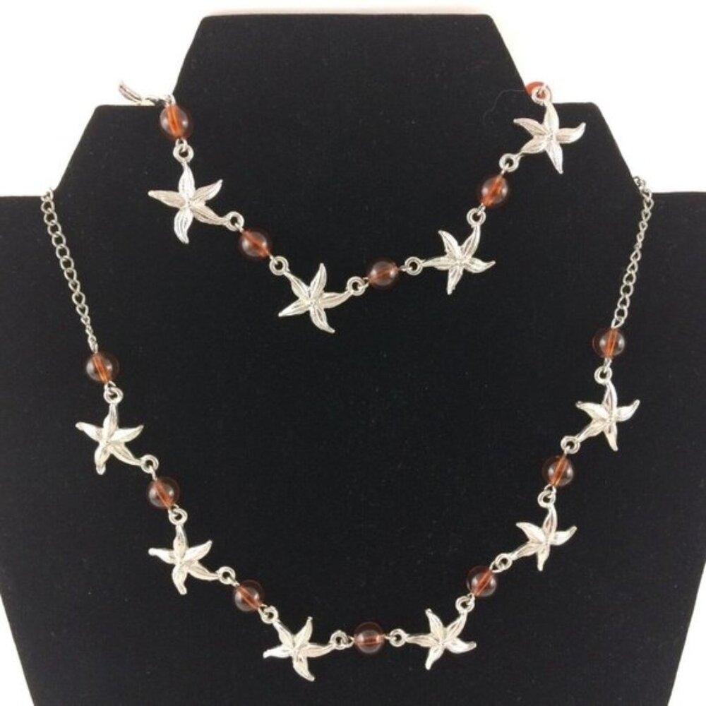 Starfish Bracelet and Necklace Set Silvertone Metal Faux Amber Beads TARNISH